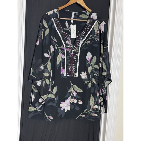 NY Collection NWT 2X Embellished V-Neck rhinestone pull over sheer fairy floral - Picture 1 of 10